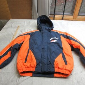 Denver Broncos Jacket Mens Large NFL Blue Orange Insulated Hooded Thick Puffer